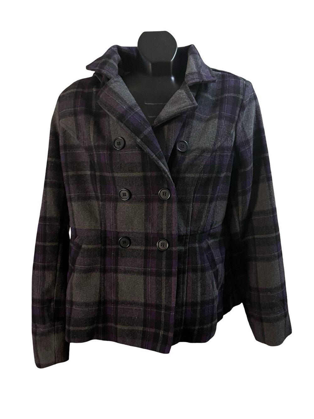 J2 by Joujou Purple & Gray Plaid Double-Breasted Peacoat – Size L